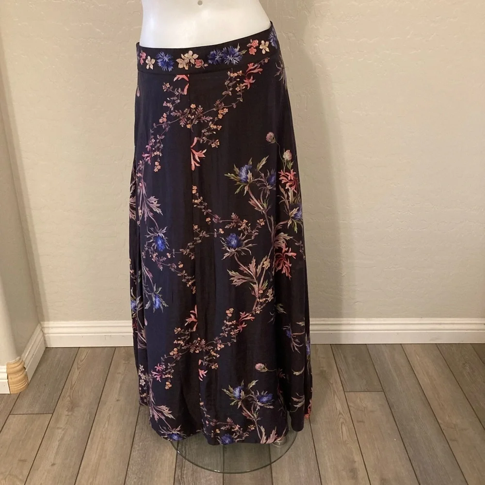H&M Linen Blend Black Floral Maxi Skirt Size 10